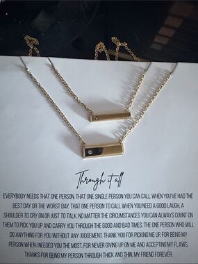 Gold Tone Bar Pendant Necklace Pair with Accent Stone
